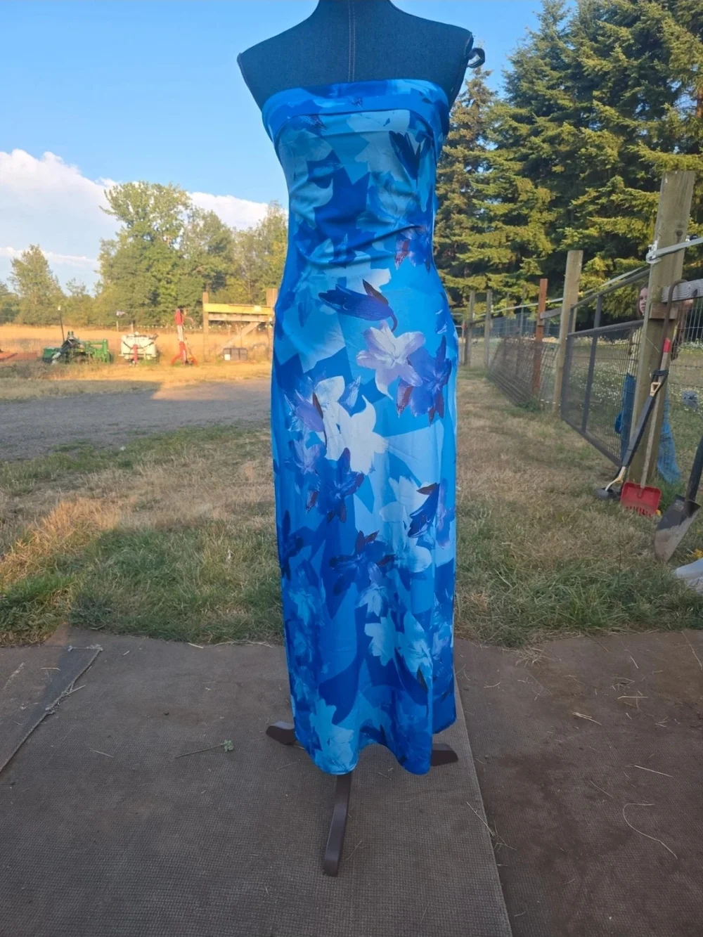 Blue Floral Strapless Maxi Dress